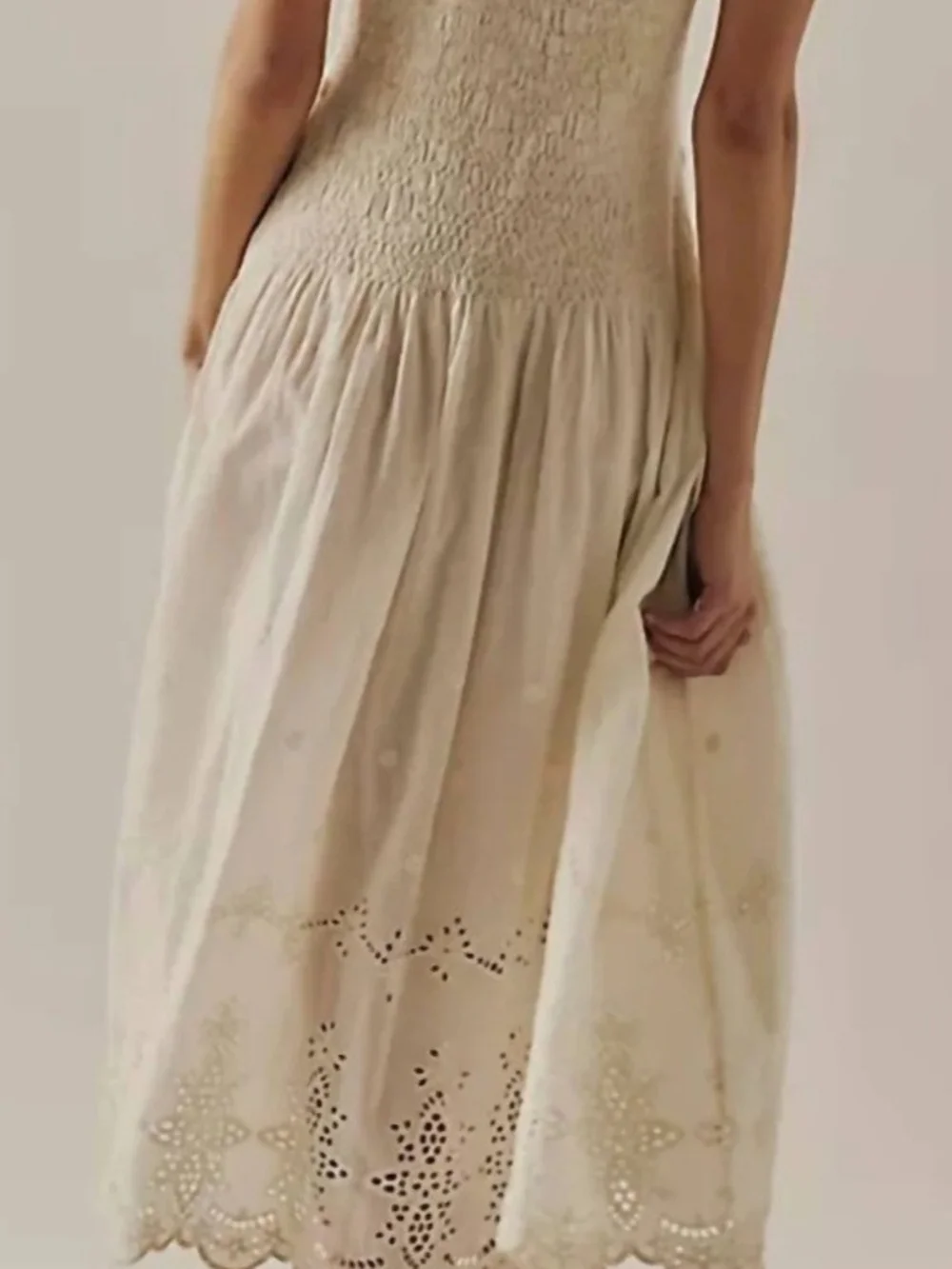 Cream Floral Smocked Midi Dress